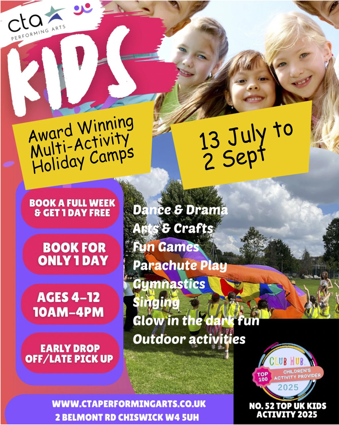 Promotional flyer for CTA Performing Arts kids holiday camps in Chiswick, ages 4-12, featuring dance, drama, and sports.